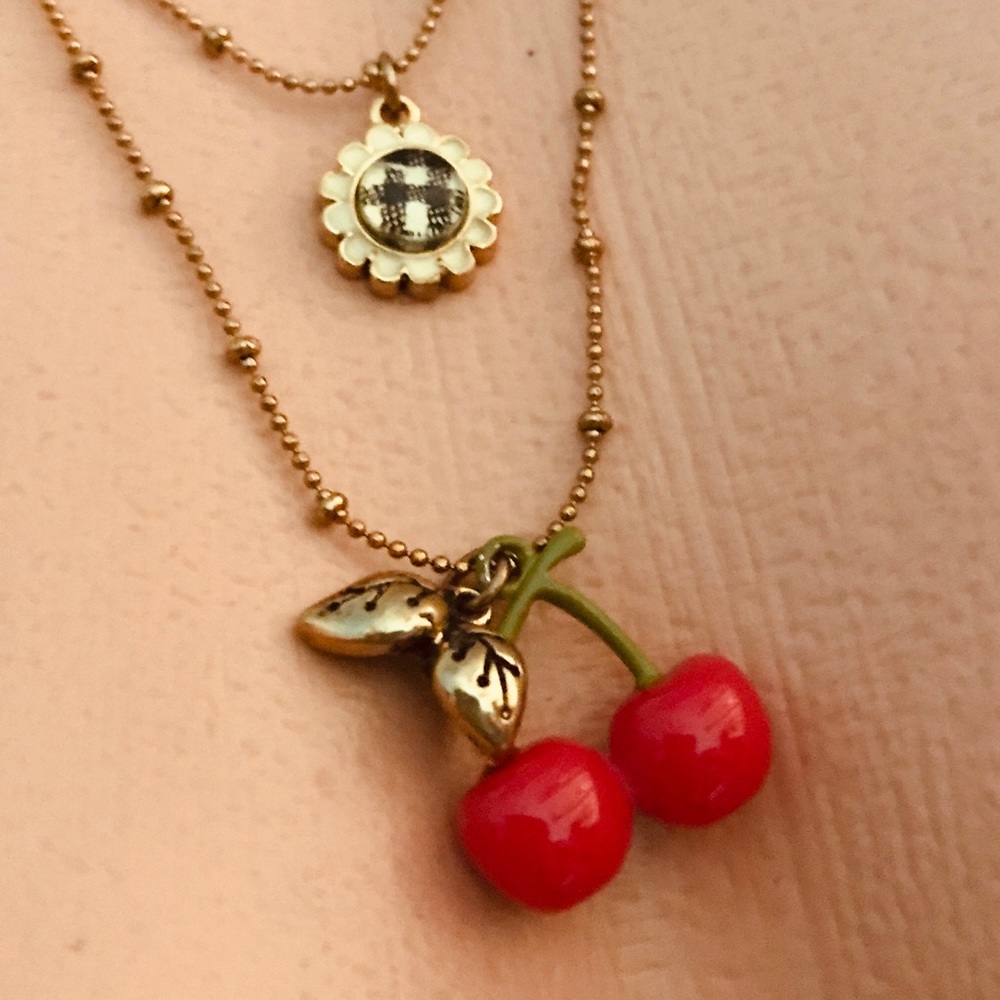 Betsey Johnson Cherry picnic charm necklace Pinup Daisy bombshell sweater doll